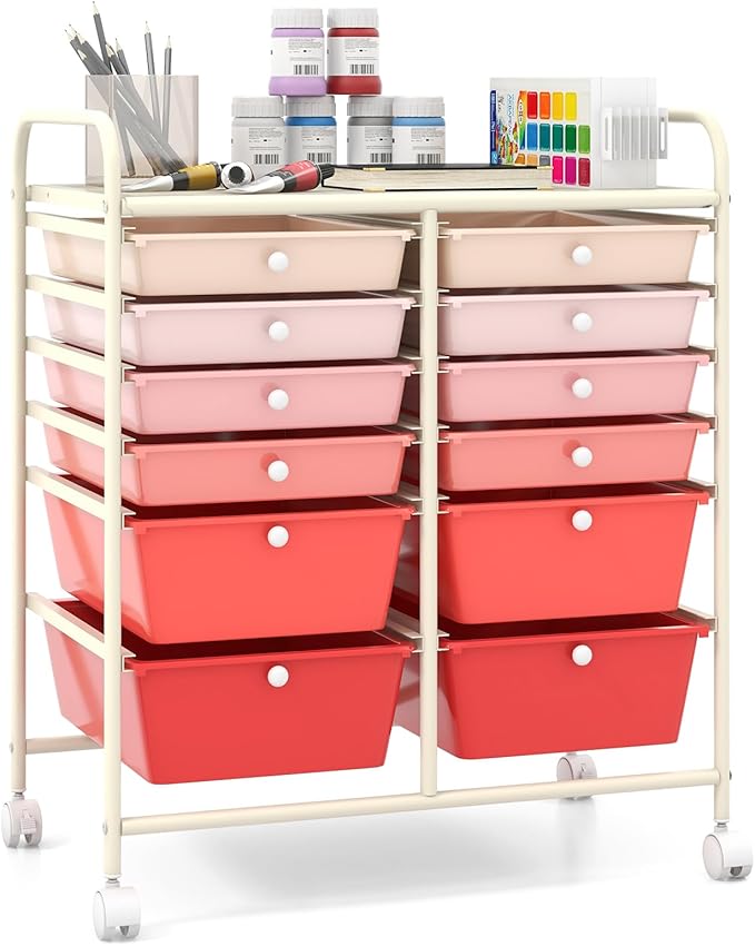 Giantex 12 Drawer Rolling Storage Cart Tools Scrapbook Paper Office School Organizer (Pink Gradient)