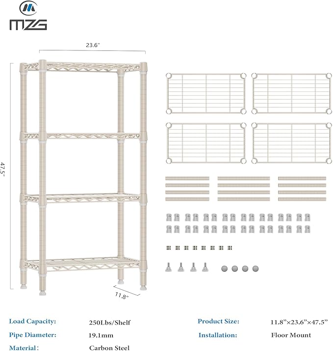 M MZG 1000 lbs 4-Shelf Standing Storage Shelves Heavy Duty Metal Shelving Unit Adjustable Wire Rack for Office Garage Kitchen, Light Tan 11.8 D x 23.6" W x 47.5" H