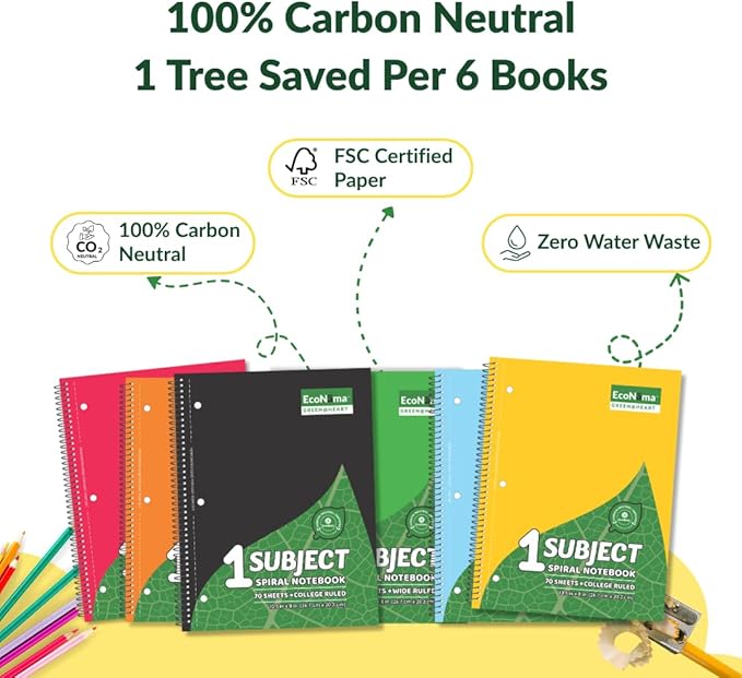 ECONAMA Subject Book Spiral Notebook Pack of 6 Wide Ruled 140 Pages (70 Sheets) 8" × 10.5" Perforated Carbon Neutral 3-Hole Punched Eco-Friendly School & Office Supply Assorted Colors