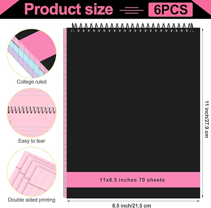 Resurhang 6 Pcs Legal Pad Top Spiral Bound Notebook 70 Sheets Double Sided College Ruled Paper Notepad Memo Steno Pad with Stiff Cover for Business College(8.5 x 11 Inches,No Holes,3 Colors)
