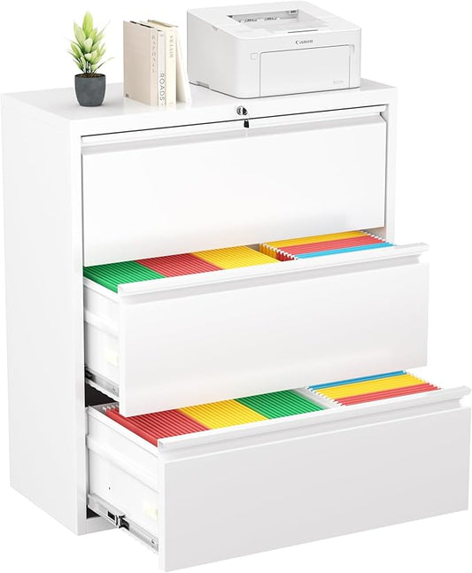 Greenvelly 3 Drawer File Cabinet, Metal Filing Cabinet with Lock, White Lateral File Cabinet for Home Office, Locking File Cabinet for Letter/Legal/F4/A4 Size Hanging Files, Easy Assembly