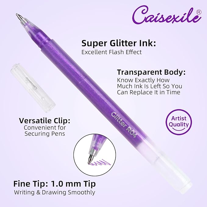CAISEXILE 12 Purple Glitter Gel Pens Set, 1.0 mm Fine Point for Black Paper & White Paper, Large Capacity Pens for Journaling, Adult Coloring Books, Drawing, Note Taking, Highlighting