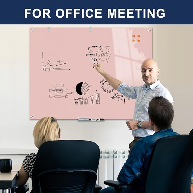 TSJ OFFICE Glass Dry-Erase Board - 48 x 32 Inches Wall Mounted Glass Whiteboard, Large Frameless Magnetic White Board for Office, Home & School, Pink