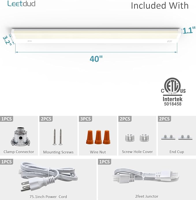 Leetdud LED Under Cabinet Lighting Hardwired or Plug in, 40 Inch 20W, Dimmable 5 Color 2700K/3000K/3500K/4000K/5000K, Linkable Eyes Care Design Counter Lights for Kitchen, Sink, ETL Listed, White