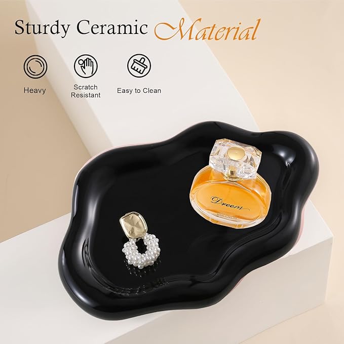 CCINPPY Ceramic Jewelry Tray Trinket Dish, Decorative Cloud Vanity Key Tray for Women, Ring Holder Dish, Cute Jewelry Plate Bowl Room Decor Aesthetic, Black, Medium