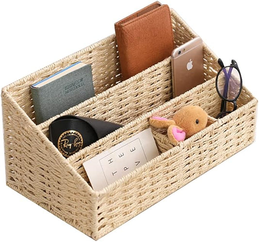 Boershun Rattan Mail Organizer - Countertop, Desk, Bills, Woven Basket, Magazine Holder, Mail Sorter, Hobo Organizer，Beige