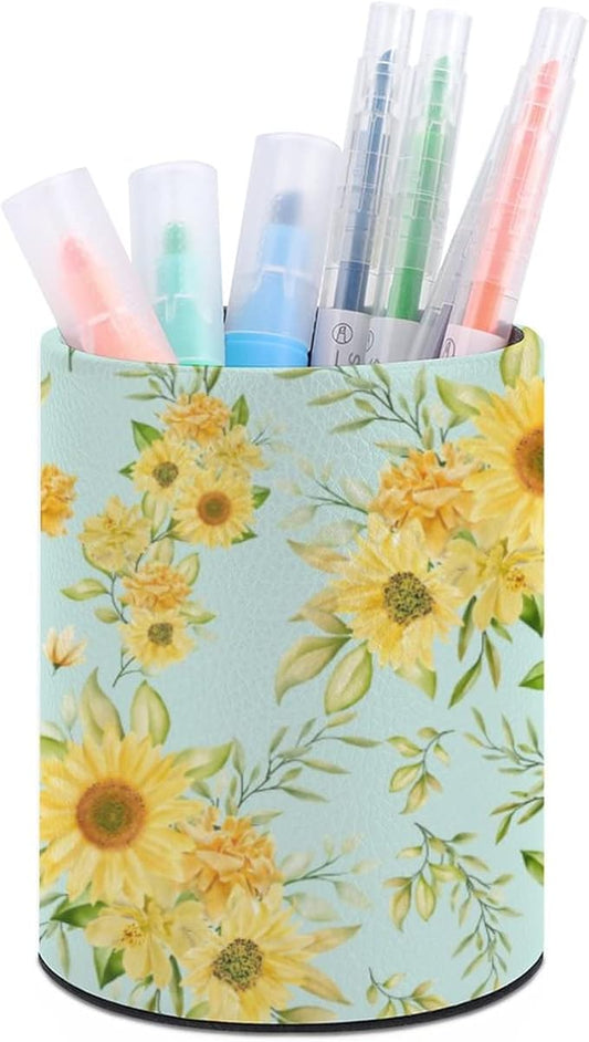 DIYYAO Personalize Sunflower Pattern Circular Pen Holder - Desk Pen Organizer Control Storage Box Makeup Brush Holder (A)