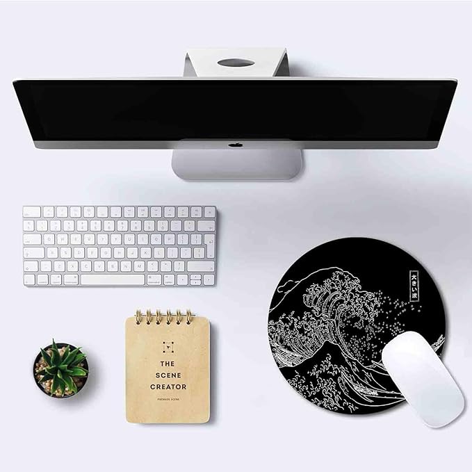 IMAYONDIA Japanese Great Wave Mouse Pad Small, Black Anime Mouse Pads, Kanagawa Round Mousepad, Aesthetic Desk Decor, Anti Slip Rubber Base Mice pad for Computer Office Travel, 7.9 x 7.9 Inch