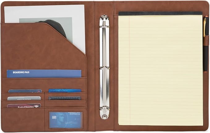 Geslun Personalized Vegan Leather 3 Ring Binder, Custom 8.5 x 11 Letter Size Folio with Pen Holder, Soft Notebook Portfolio Cover, Notepad Padfolio Organizer for Meeting, Brown