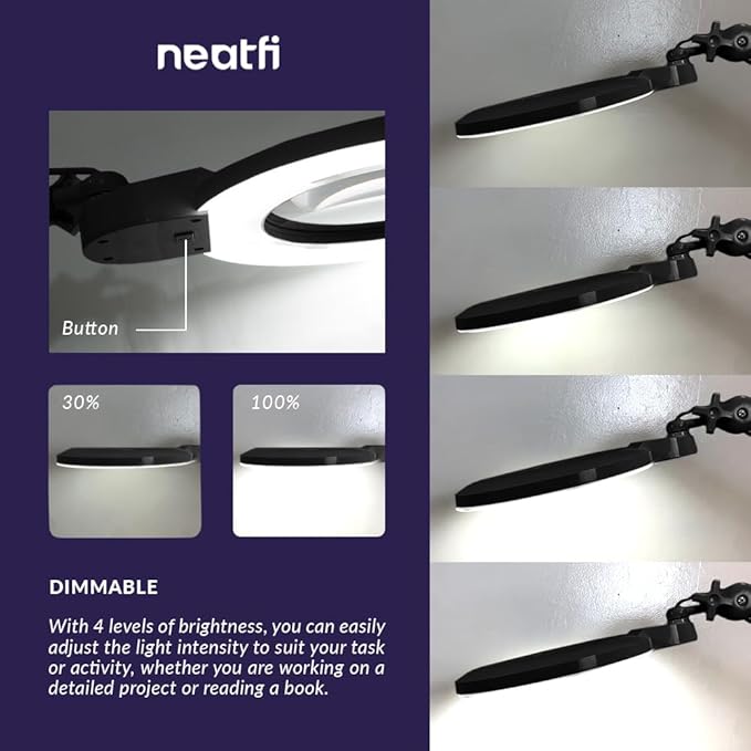 Neatfi XL Bifocal LED Magnifying Lamp, 7-Inch Acrylic Lens, 5D/20D Magnification, Hands-Free, Dimmable, 168SMD LEDs, Adjustable Arm for Crafts, Reading, Close Work (Black, CCT with Clamp)