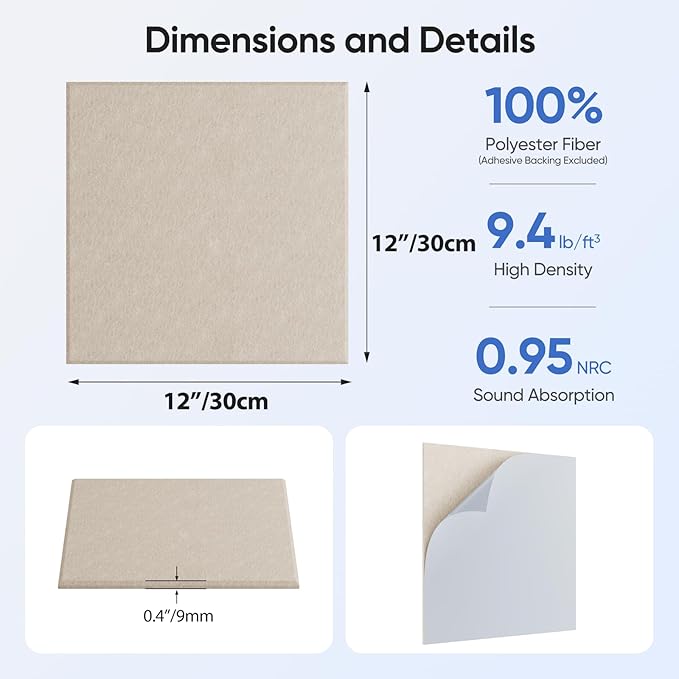 UNECHO 12 Pack 12" X 12" X 0.4" Acoustic Panels for Wall Sound Absorbing, Square Self-Adhesive Sound Panels, High Density Suitable for Multiple Scenarios(Light Camel)