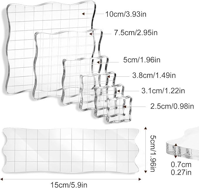 UCEC 7 Pieces Acrylic Stamp Block Assorted Sizes Clear Acrylic Mounting Blocks Set, Decorative Stamp Blocks with Grid Lines for Scrapbooking Crafts Making