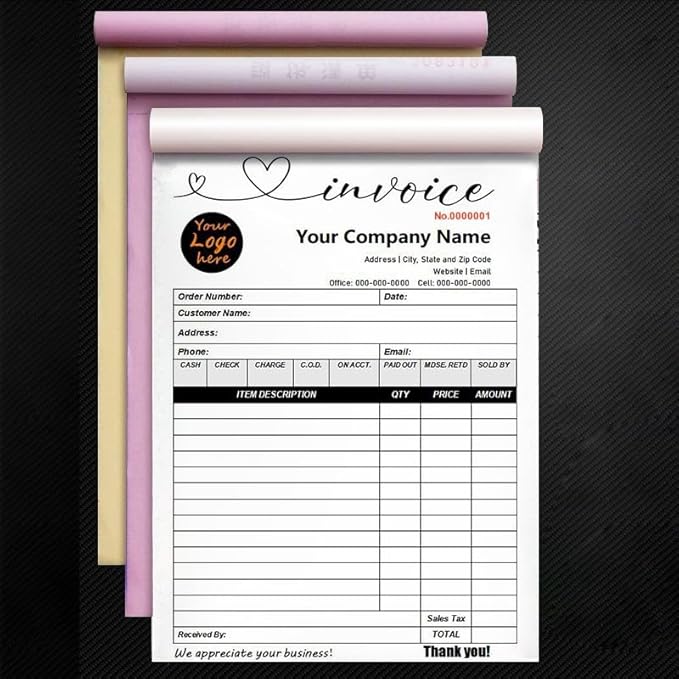 Personalized Invoice Book Custom 2 Part/3 Part Receipt Book Quote Estimate Order Forms Carbonless Form with Your Company Name Logo Address,2-10 Books (Style 19)