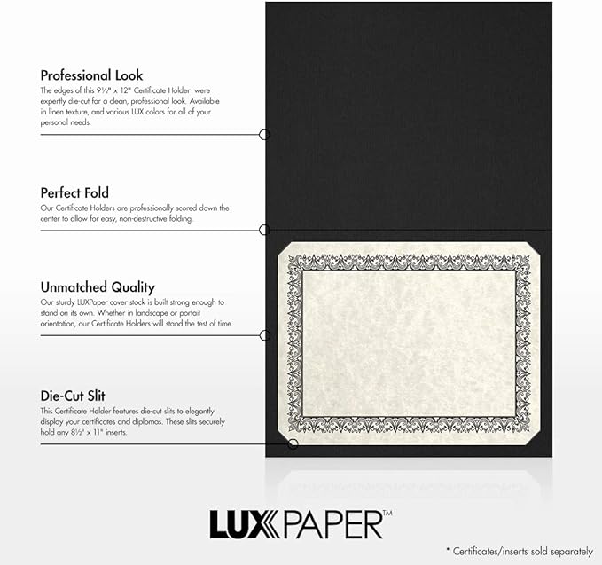 LUXPaper 9.5" x 12" Certificate Holders | Black Linen | 100lb. Cover | 100 Qty