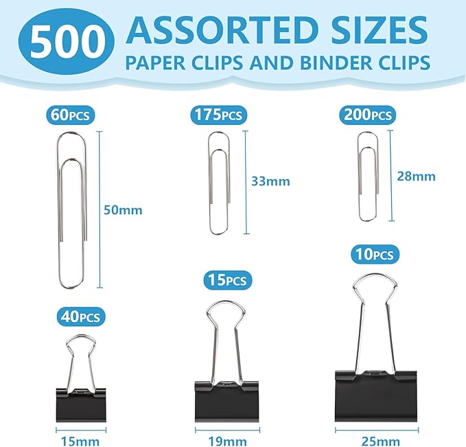 500PCS Paper Clips and Binder Clips Assorted Sizes,Silver Paper Clips & Black Binder Clips for Home, School, Office Supplies