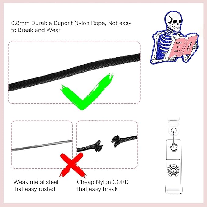 2Pcs Funny Skeleton Office Badge Reel Retractable for Nurse, Doctor, Medical Worker Nursing Student | Cute Pediatric Nurse ID Name Badge Holder 24” Durable Nylon Retractable Cord with Alligator Clip