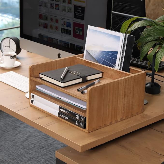 DDYURI 3 Tier Desktop Letter Tray for Office Desk Organizer and Accessories - Wood File Folder Holder for Paper Document Organizer Mail Sorter Workspace Counter Storage Book Shelf Light WJJ3K-LT