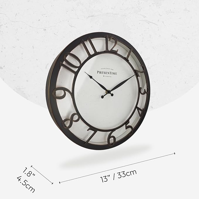 Presentime & Co 13" Farmhouse Series Wall Clock, Vintage Style, Retro Clock, Silent No Ticking, Raised 3D Arabic Numeral, Oil Rubbed Bronze Finish.