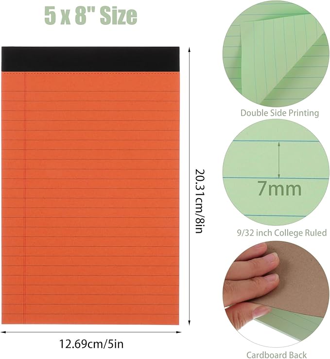 Thboxes 8 Packs Small Note Pads 5x8, Color Legal Pad 5x8 College Ruled Small Legal Pad Perforated Lined Writing Pads for Home, Study, Office, To-Do Lists, 50 Sheet/notepad, Multicolor