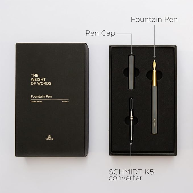 YSTUDIO Stunning Classic Revolve Fountain Pen, Schmidt Gilded Nib, Best Pen Gift Set for Men & Women, Professional, Executive Office, Nice Pens（black，M nib）