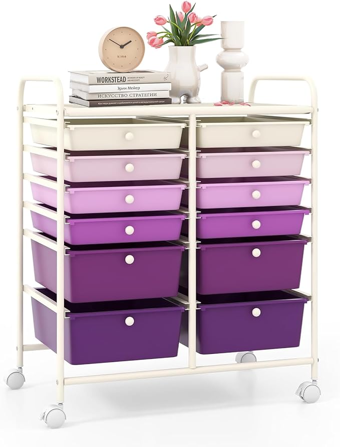 LDAILY 12 Drawer Rolling Storage Cart, Craft Cart Organizer on Wheels with Metal Frame, Large Capacity & Smooth Drawers for Living Room, Classroom, Office (Gradient Purple)