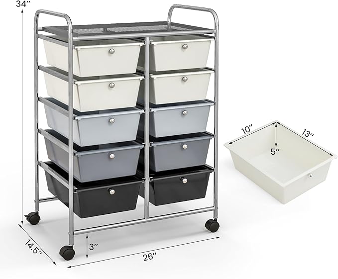 GLACER 10 Drawer Rolling Cart, Storage Cart with Lockable Whieels & Metal Frame, Trolley for Art Craft Oganizer, Mobile Utility Cart for Office, School, Classroom, Kitchen (Gray Gradient)