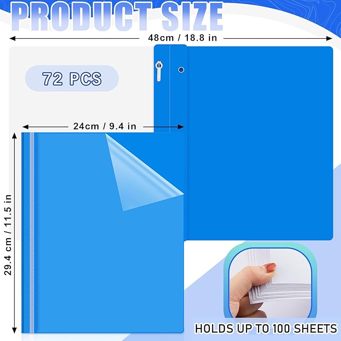 Teling 72 Pack Clear Front Report Covers Bulk Business Report Covers Plastic Presentation Folders Resume Portfolio Folder Paper Binder with 3 Prongs for Presentation Document School Office (Blue)