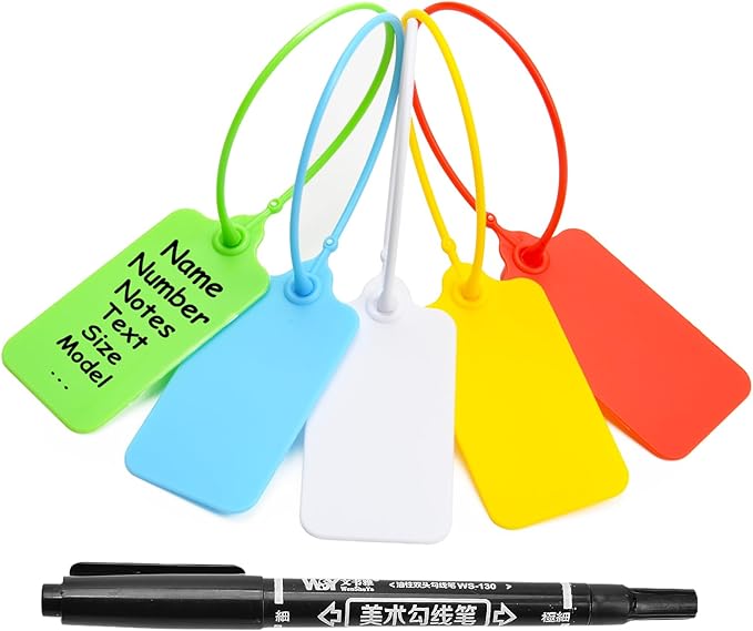100 Blank Plastic Tags for Labeling Waterproof Hanging Labels Writable Tags Seal Plastic Marking Label for Clothes Bags Keys Inventory with One Marker Pen (Mixed 5 Color)
