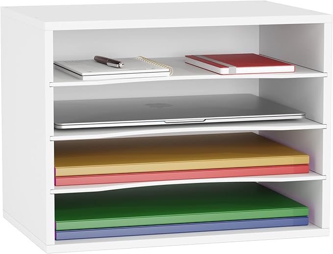 GDINDINFAN Wood Desktop Letter Tray File Organizer, Paper Storage Mail Sorter with 3 Adjustable Drawer Boards for Home and Office, White