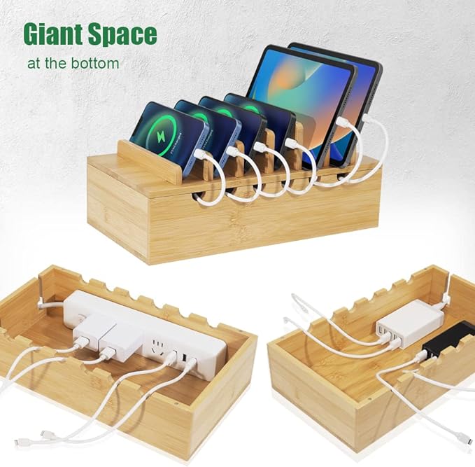 LEOKKARR Bamboo Charging Station for Multiple Devices, Desk Docking Stations Organizer Compatible with iPhone Devices, Wood Charging Cell Phone Holder Stand (Includes 6 Cables) (NO Power Supply)