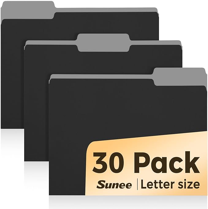 SUNEE File Folders, 30 Pack Manilla Folders 8.5 x 11, Colored File Folders Home Office School Supplies for Documents Files Paper, Black