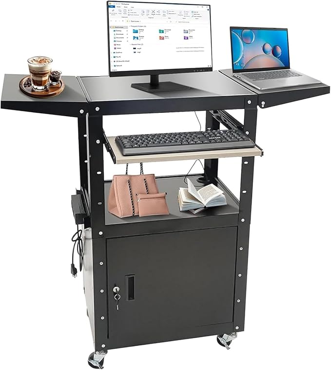 Upgraded AV Cart, Adjustable-Height Steel AV Cart with Locking Cabinet and Pullout Keyboard Tray, Rolling Media Cart with Wheels & Power for Computer Laptop Projector Printer (Black/43"x18"x43")