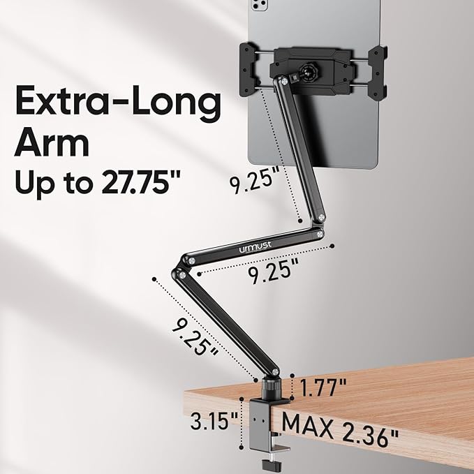 Urmust Portable Monitor Stand 15.6", iPad Stand for Desk, Portable Monitor Holder up to 18.5" Holds, Adjustable Desktop Tablet Arm Mount, Apple iPad Holder for Desk, for 4.7"-12.9" i Pad Pro/Air/Mini