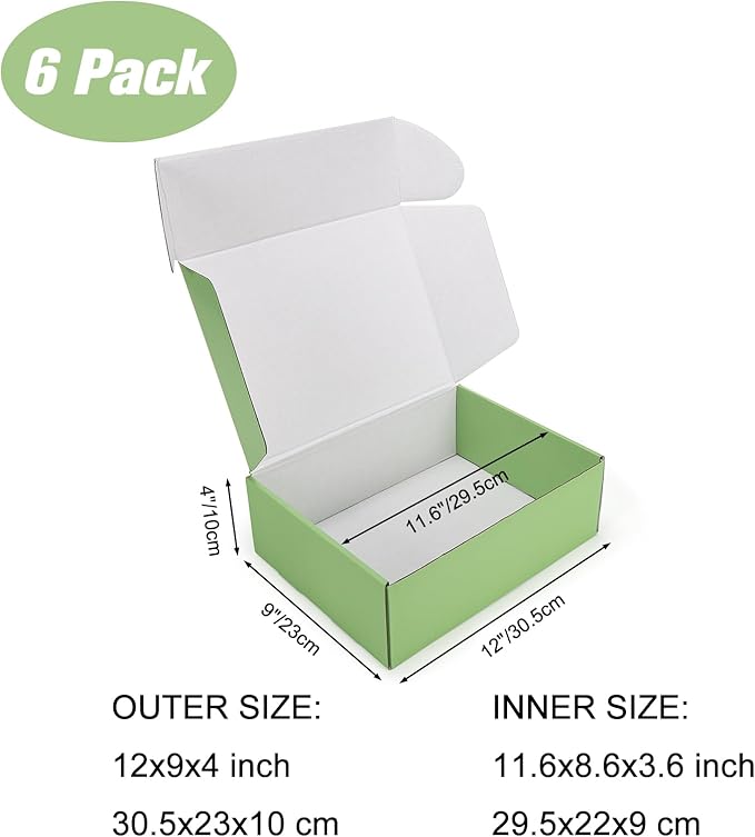 PHAREGE 12x9x4 inch Gift Shipping Boxes Bulk 6 Pack Green, Tab Lock Tuck Top Mailing Boxes for Packaging Small Business, Medium Cardboard Mailer Boxes for Wrapping Present
