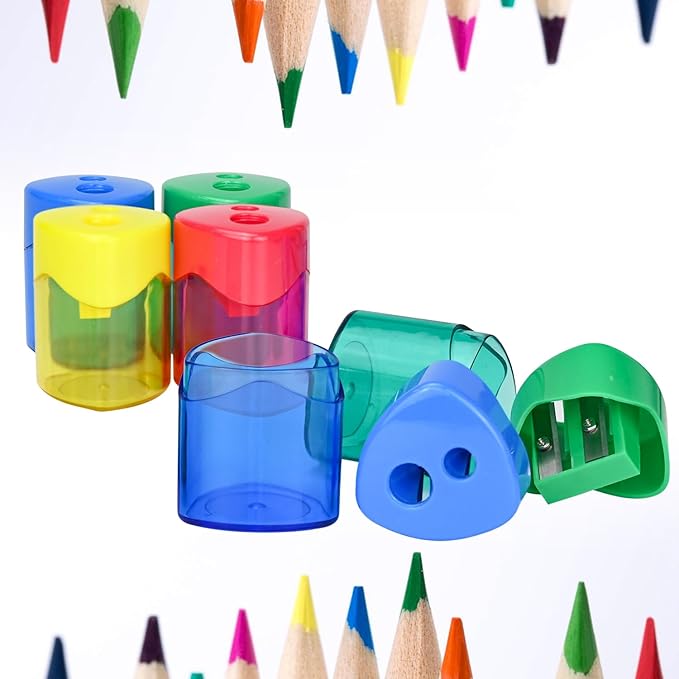 AUSTARK 24Pcs Pencil Sharpener Manual, Assorted Color Small Dual Hole Pencil Sharpeners Bulk with Lid for School Office Home (Triangle-24)