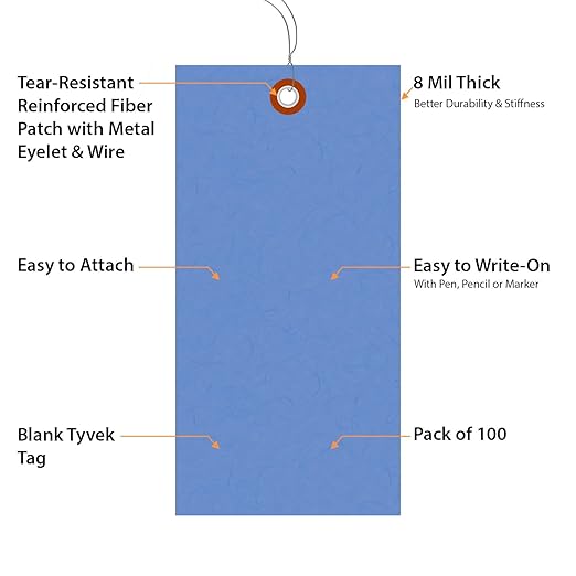 SmartSign (Pack of 100) 6.25 x 3.125 inch “Blue” Blank Tyvek Shipping Tags with Wire, Size #8, 8 mil Thick Tyvek, Made in USA