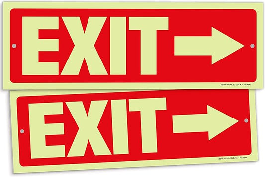 iSYFIX Exit Signs with Directional Right Arrow - 2 Pack 12x4 Inch Glow in the Dark for Business, School, Office, Warehouse - Durable 40 Mil Polystyrene, UV Laminated, Waterproof, Scratch & Fade Resistant