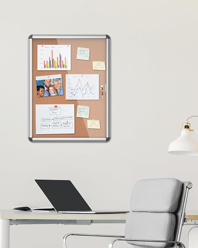 Mifuro 26"x20" Enclosed Bulletin Board, Lockable Weather-Resistant Aluminum Cork Noticeboard for School & Office, Silver Frame w/Cork
