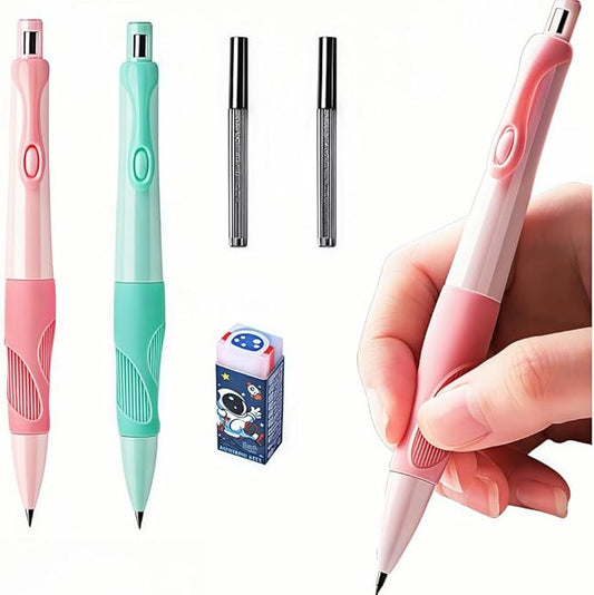 Inclock Handwriting thick mechanical pencils with grip: 2.0MM HB Pencil for kids with 14 leads (2 pack red&green)