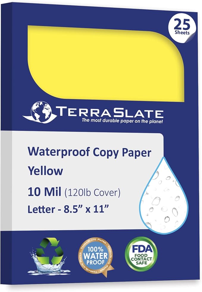 TerraSlate Waterproof Paper, Rip-Proof Colored Paper, Yellow, 25 Sheets, 10 Mil (120lb Cover), 8.5" x 11", Laser Printer and Copy Machine Compatible