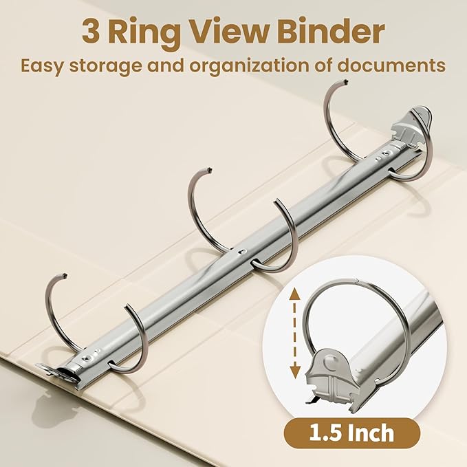 SUNEE 3 Ring Binder 1.5 Inch 1 Pack, Clear View Binder Three Ring PVC-Free (Fit 8.5x11 Inches) for School or Office Supplies, Gray-Brown