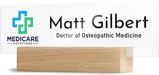 Custom Business Logo Desk Name Plate with Wooden Base - 28 Backgrounds - Custom Name Plate for Desk, Office Decor, Teacher Appreciation Gifts