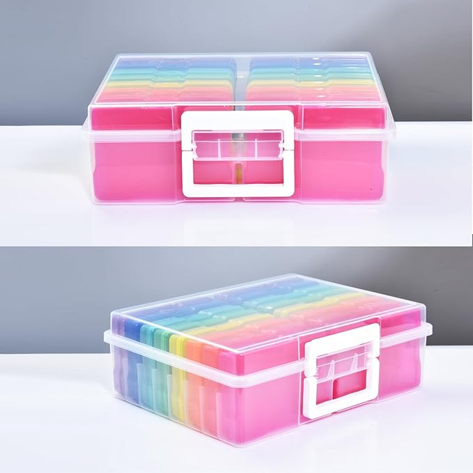 ALINK Photo Storage Box with Handle, 4" x 6" Photo Organizer Storage Container with 16 Inner Case and 1 Sheet Blank Labels for Pictures, Arts, Crafts, Sewing, Seeds, Office Supplies - Colored