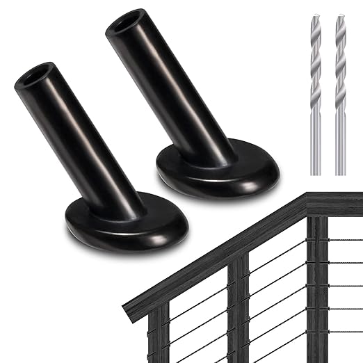 RiaYer 50 Pack 30 Degree Angle Protective Sleeves, Black Cable Railing Corner Protector Sleeve Beveled for 1/8" Wire Rope, T316 Marine Grade Cable Railing Kit with Two Drill Bit for Wood Posts HF039B
