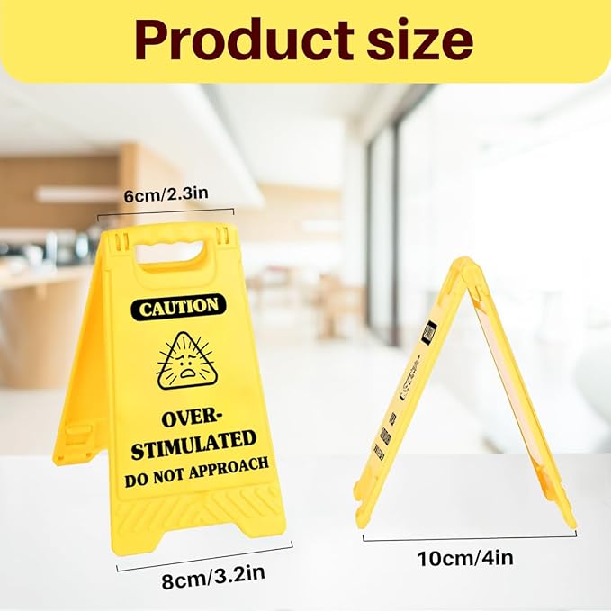 Funny Office Desk Accessories,Office Cubicle Decor Gift for Coworker HR Home Workspace Phone Holder Mirror Acrylic Table Signs,Work Humor Stress Relief Caution Desk Decor (Caution Overstimulated)