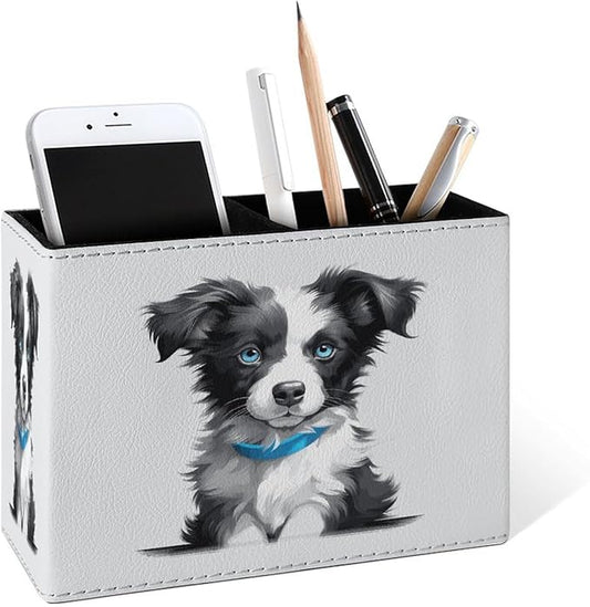 Famame Cute Border Collie Puppy Pencil Holder for Desk, Leather Desktop Container Pen Cup Storage Study Table Pen Organizer Makeup Brush Holder for Classroom Office Home