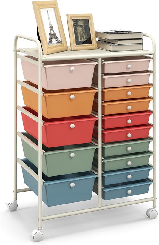 HAPPYGRILL 15-Drawer Rolling Cart, Storage Carts with Removable Drawers & Steel Frame, Utility Cart on Lockable Wheels for Home, School, Office, Macaroon