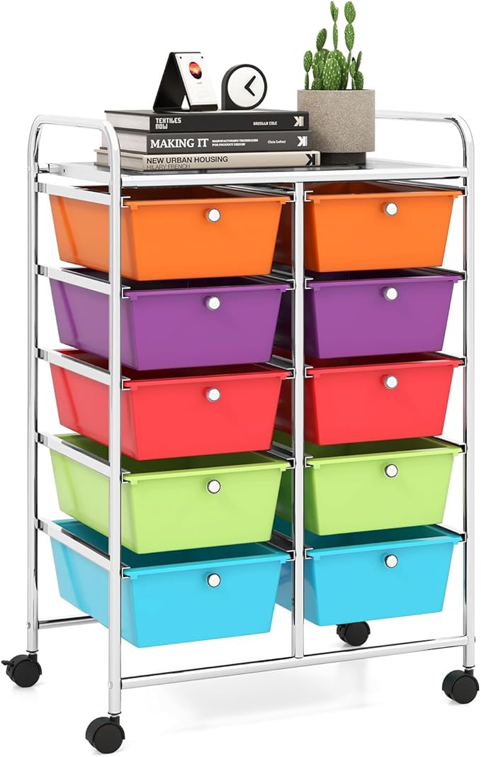 LDAILY 10 Drawer Rolling Cart, Storage Cart Organizer on Wheels, Drawer Cart with Metal Frame & Large Storage Capacity, Rolling Cart with Drawers for Living Room Classroom, Office