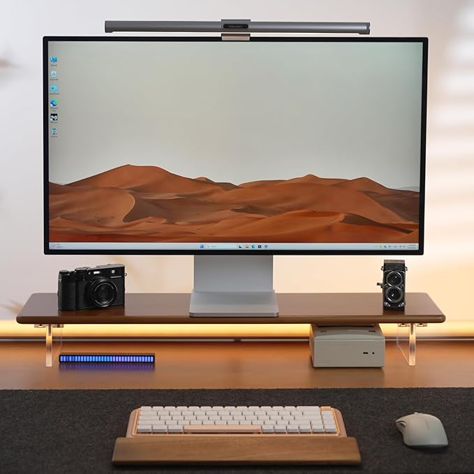 ROCDEER Bamboo Monitor Stand Riser with Acrylic Legs for Desk, 31.5 Inches Desktop Shelf Supports for PC Computer Monitor, Laptops, Printer, Speakers (Brown)