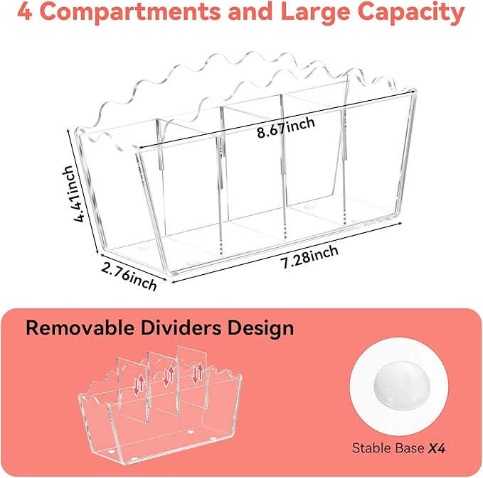 Zioffiel Scalloped Acrylic Pen Pencil Marker Cup Holder Organizer for Desk 4 Compartments, Clear Makeup Brush Holder With Removable Dividers